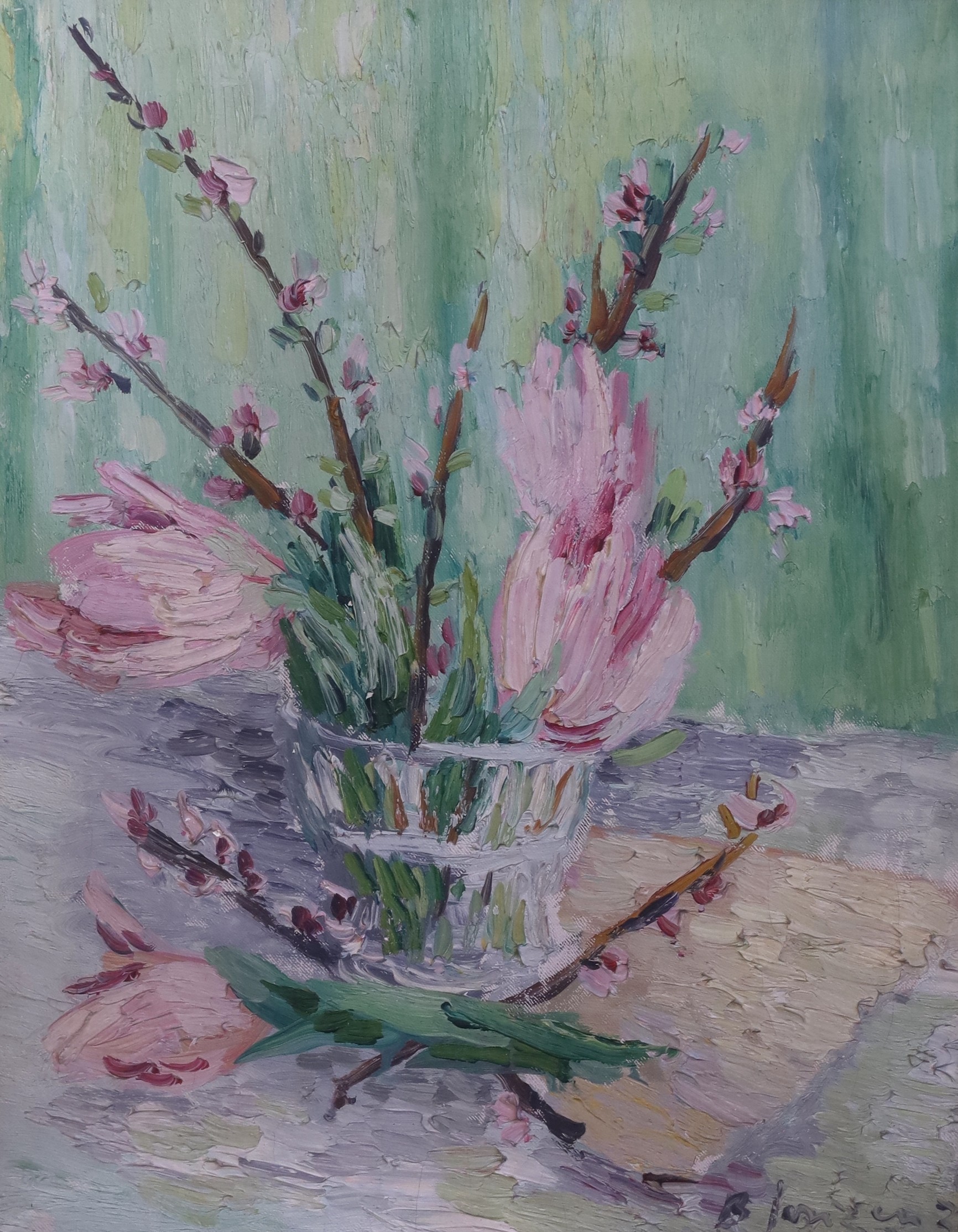 Basil Jonzen (1913-1967), Still life of Magnolia blossom in a glass vase, oil on canvas, 51 x 40.5cm